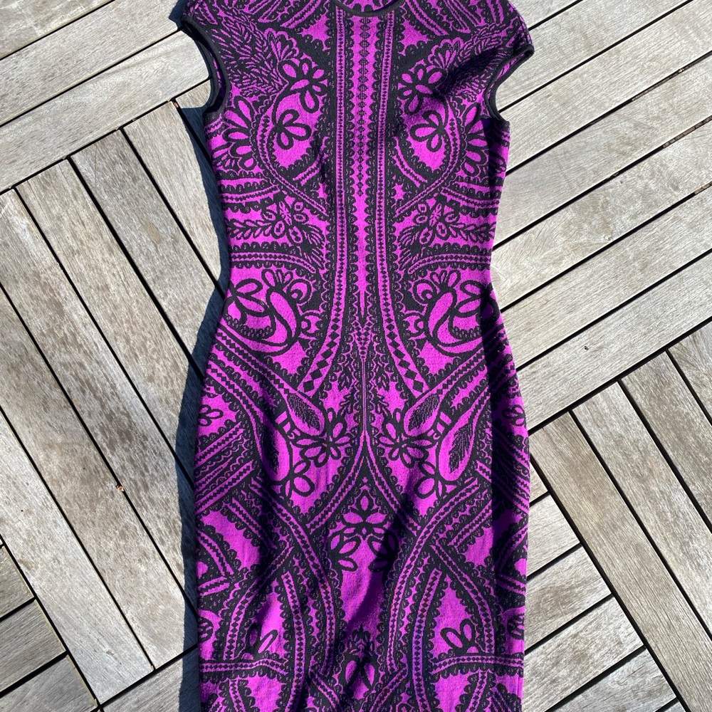 Boho vintage Wool sleeveless printed sweater dress magenta purple/black